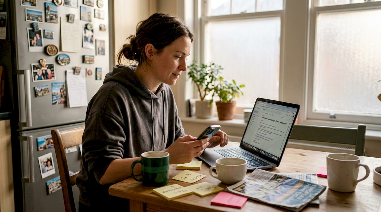 Woman joining home exchange on kitchen table