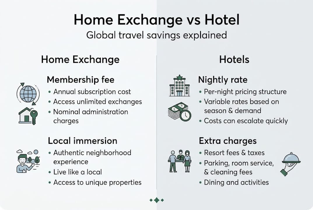 Infographic comparing home exchange and hotels travel