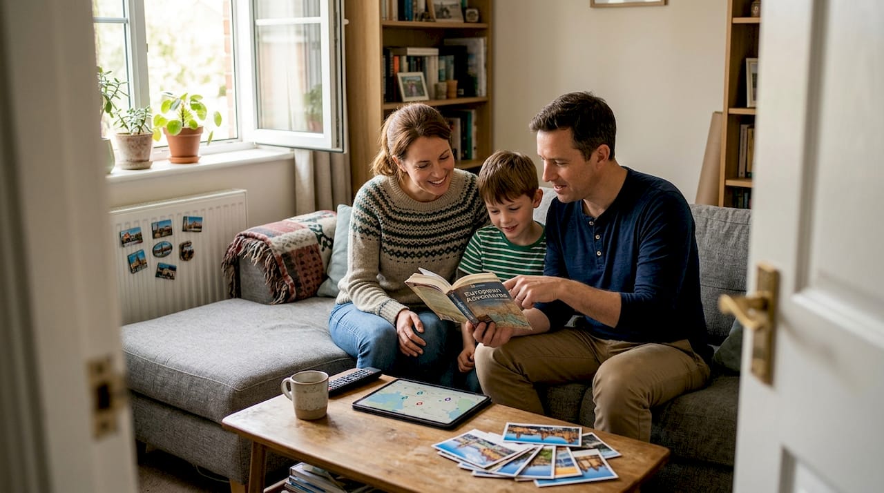 Family reading travel guide in home living room