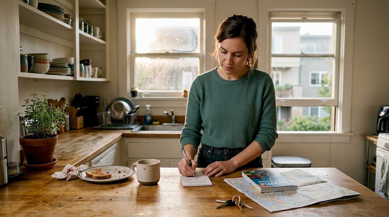 Woman writing home swap welcome note in kitchen
