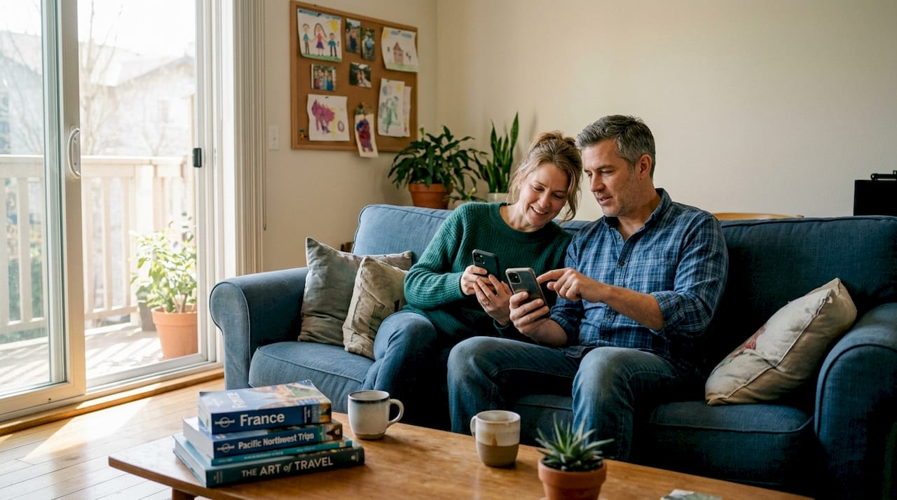 Couple browsing home swap listings in living room