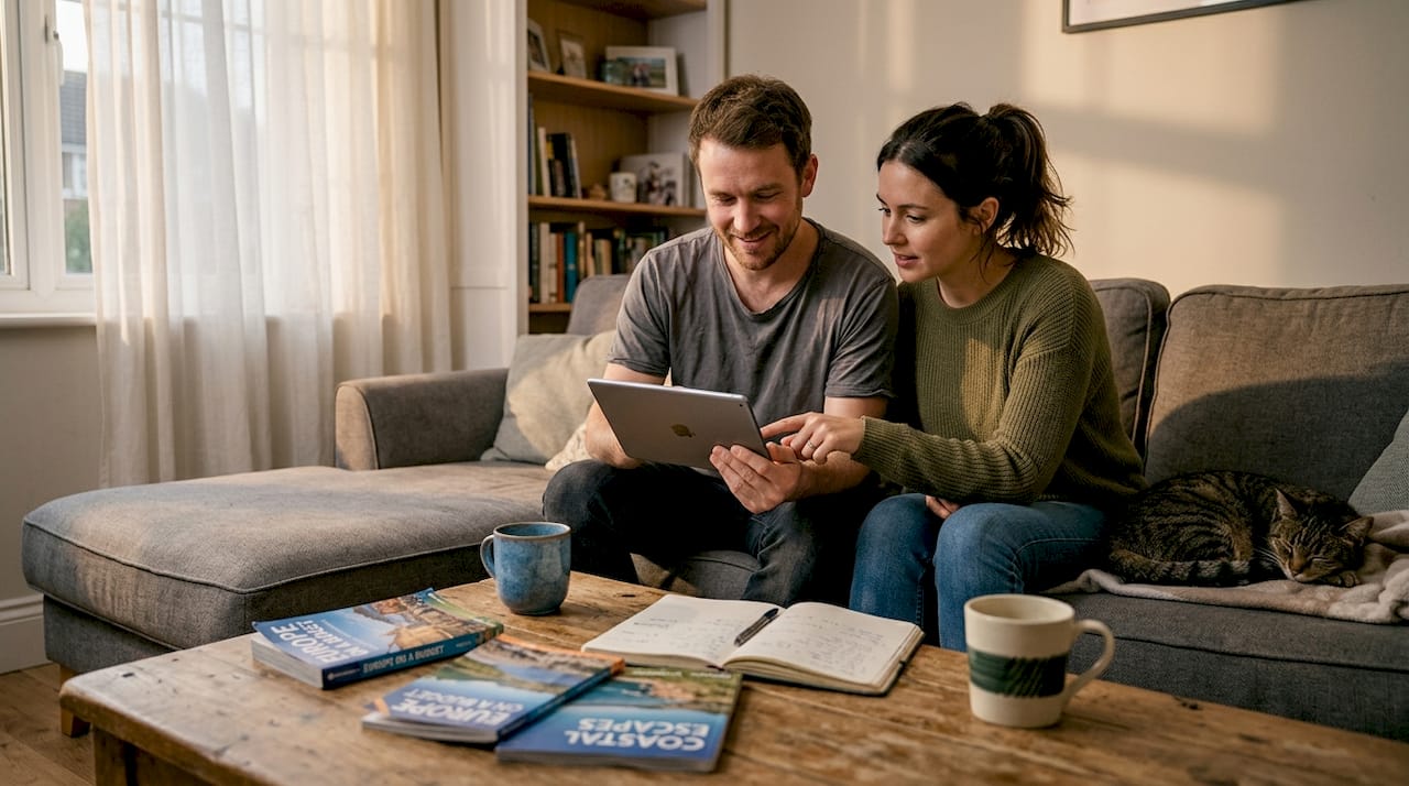 Couple comparing travel platform costs
