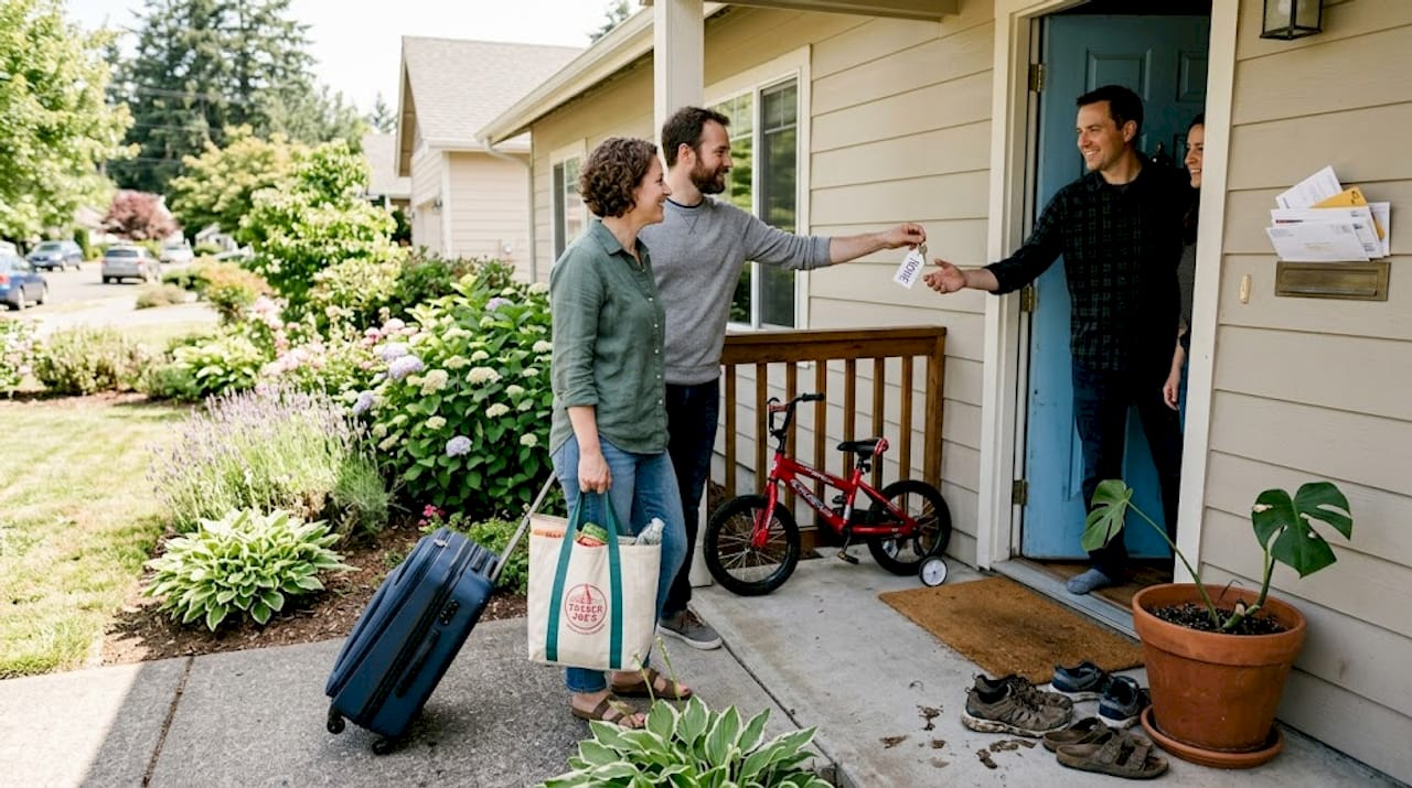 Families swapping homes in friendly handoff