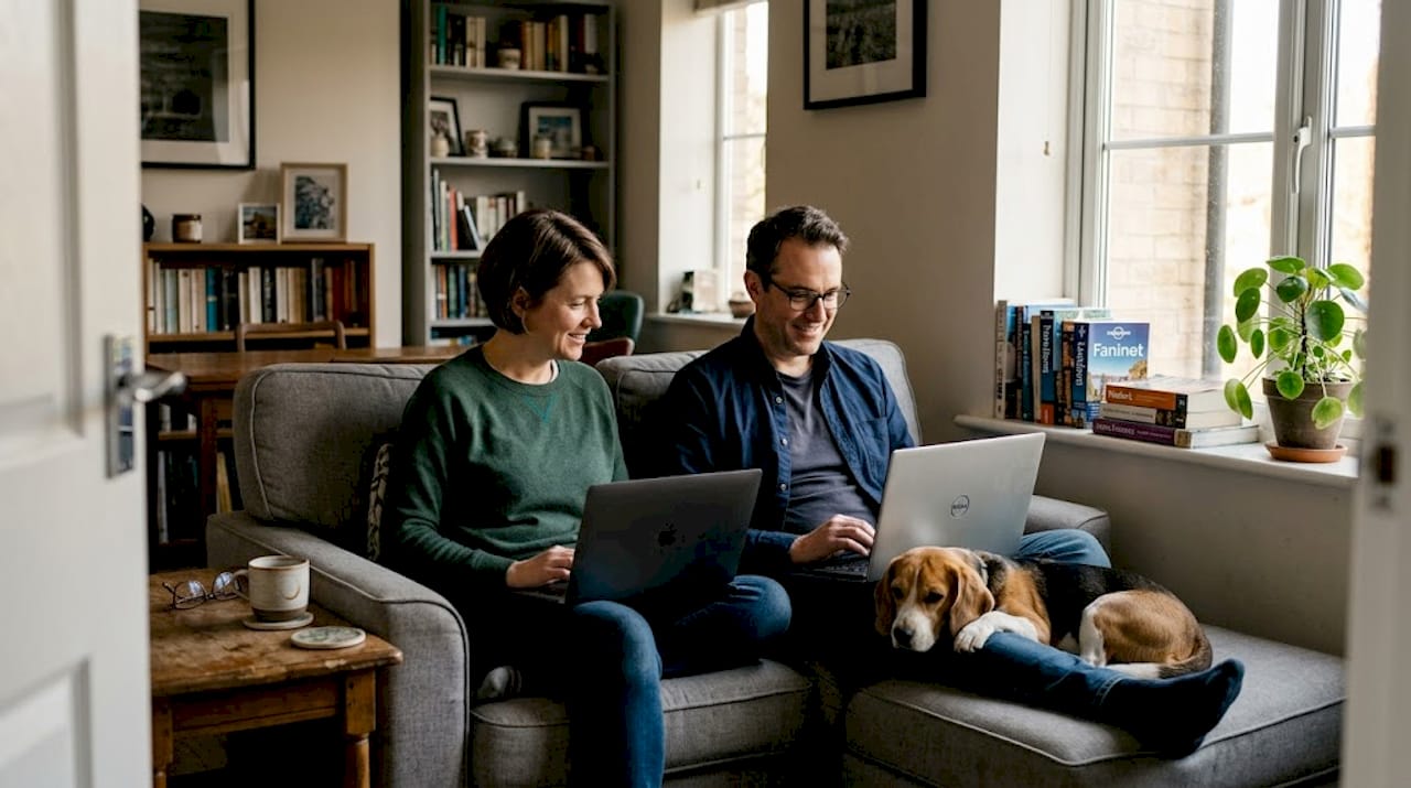 Couple reviewing home exchange listings in living room
