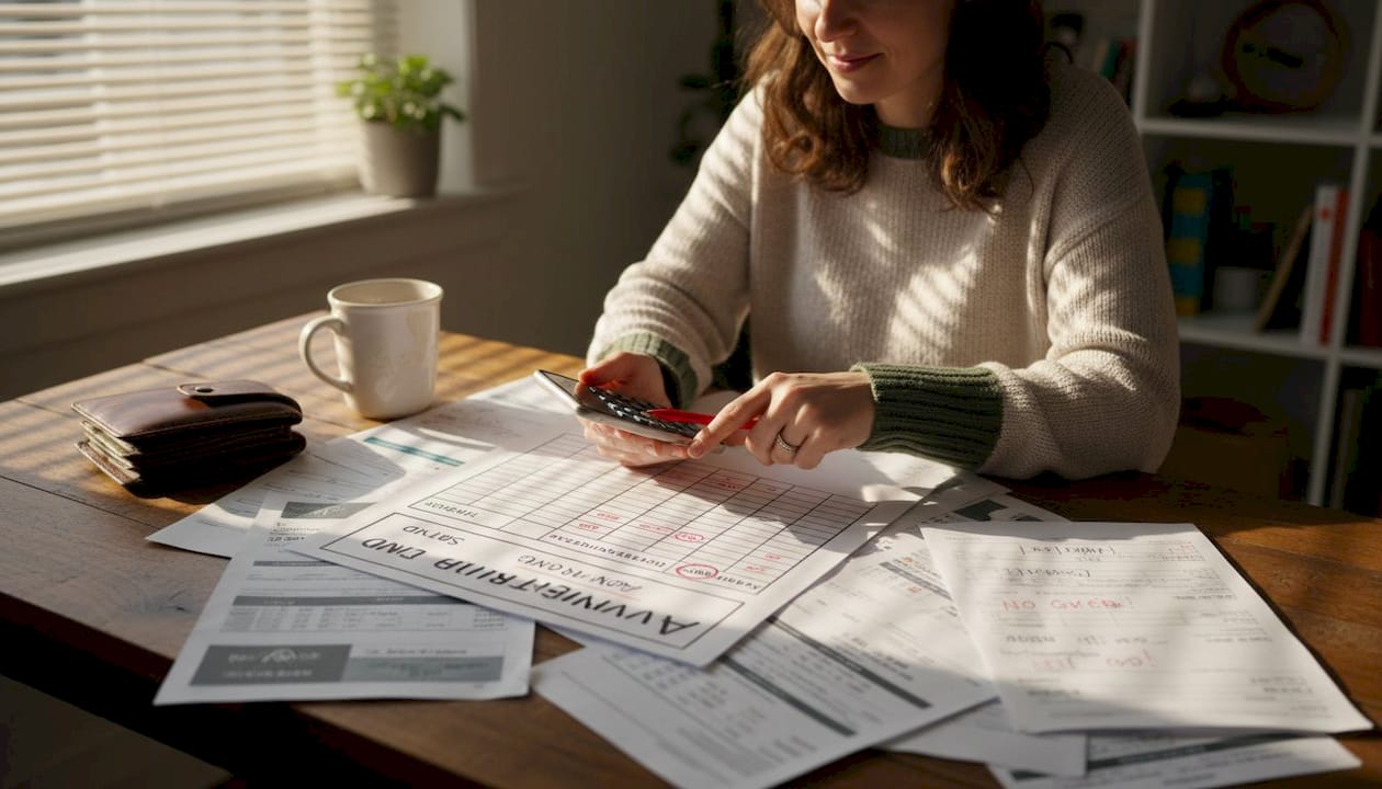 Woman calculating travel savings at kitchen table
