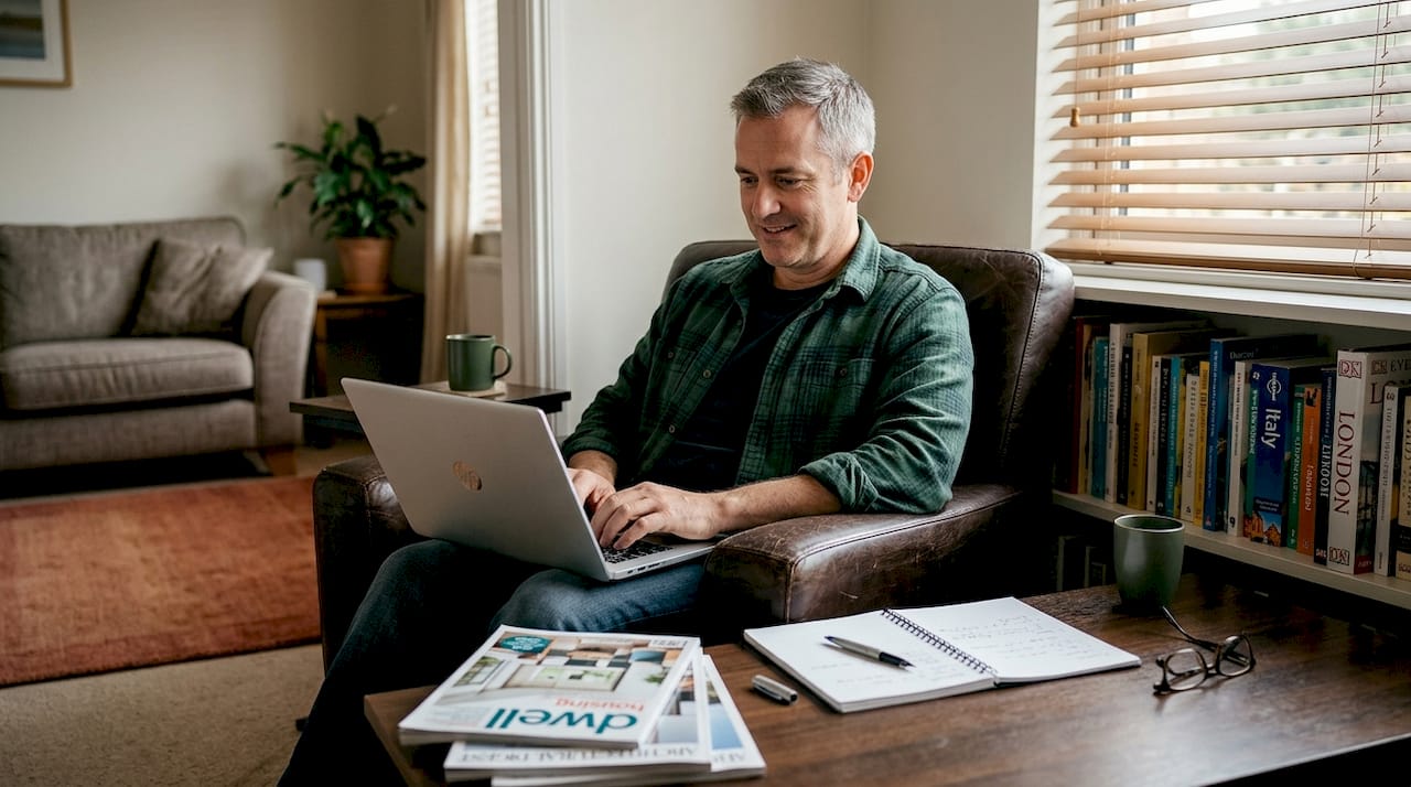 Man typing home listing description on laptop
