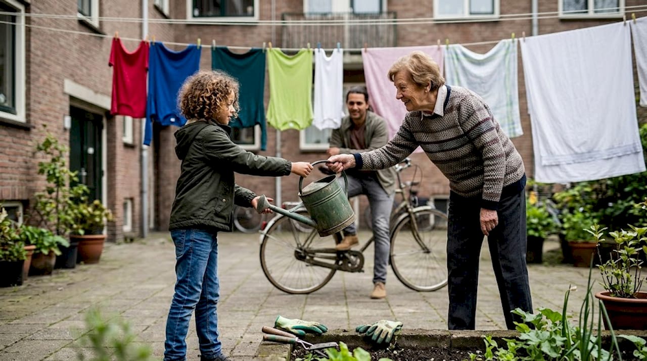 Family and neighbor gardening together courtyard