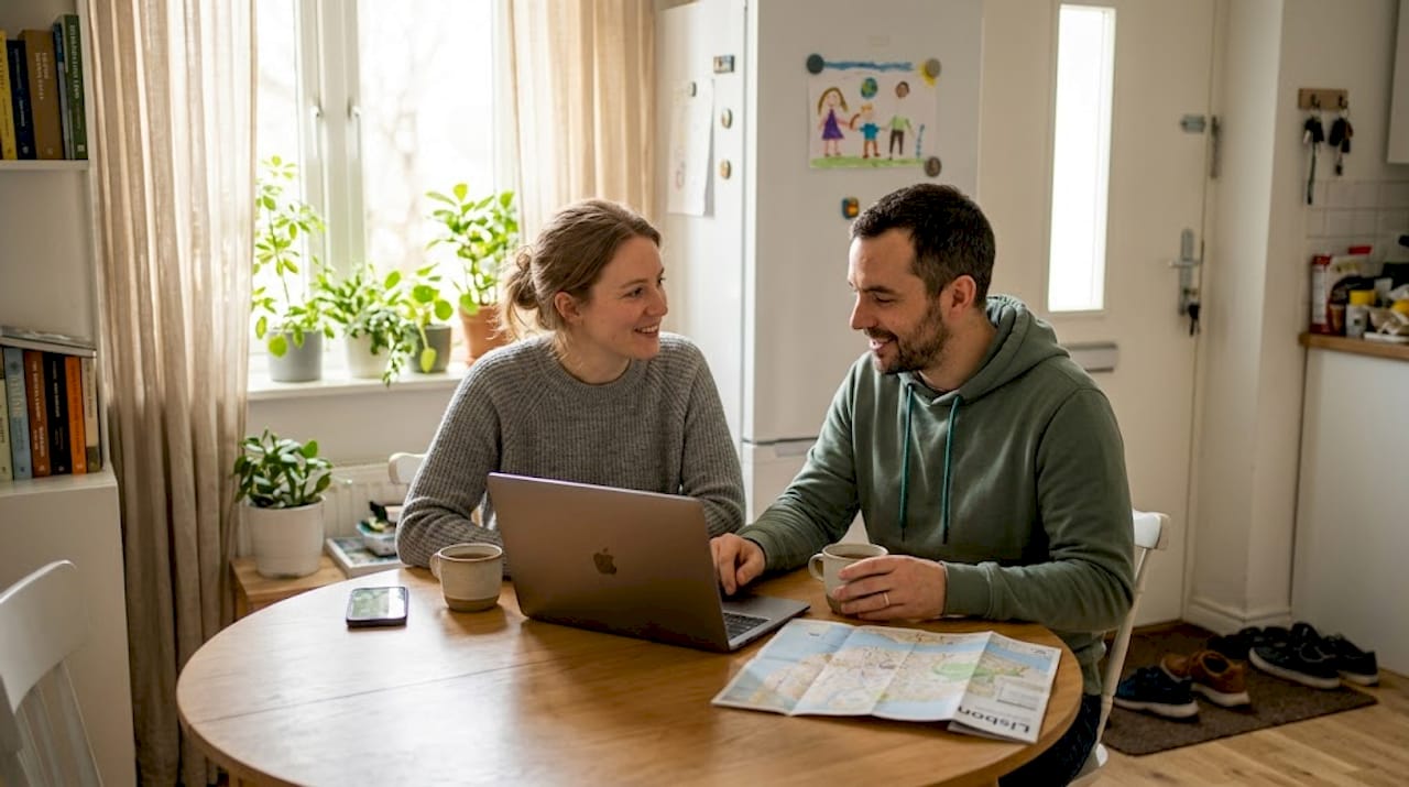 Travelers plan day in lived-in kitchen