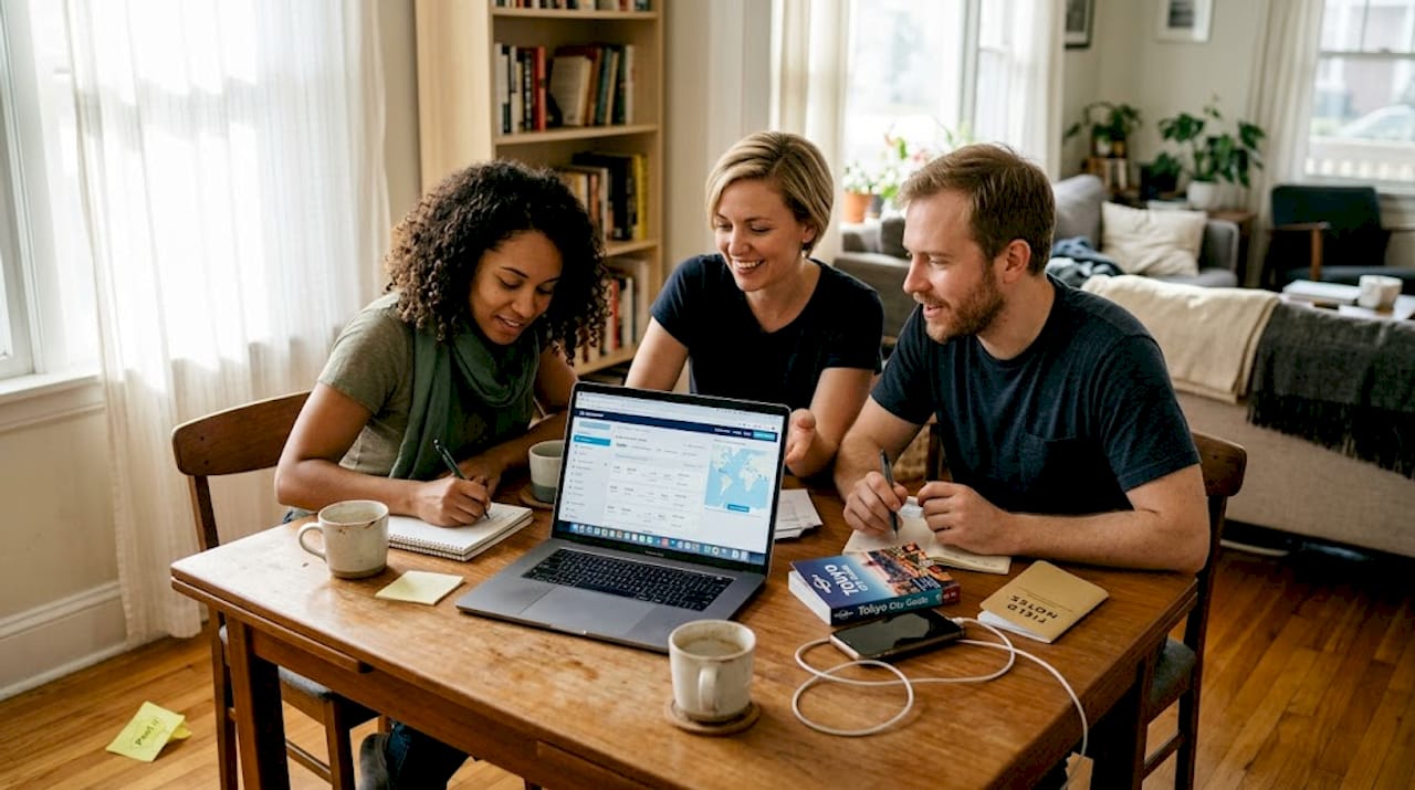 Group planning travel at dining table