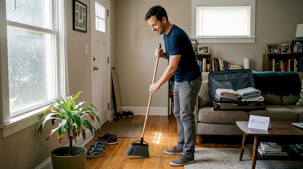 Man tidying home for upcoming guests
