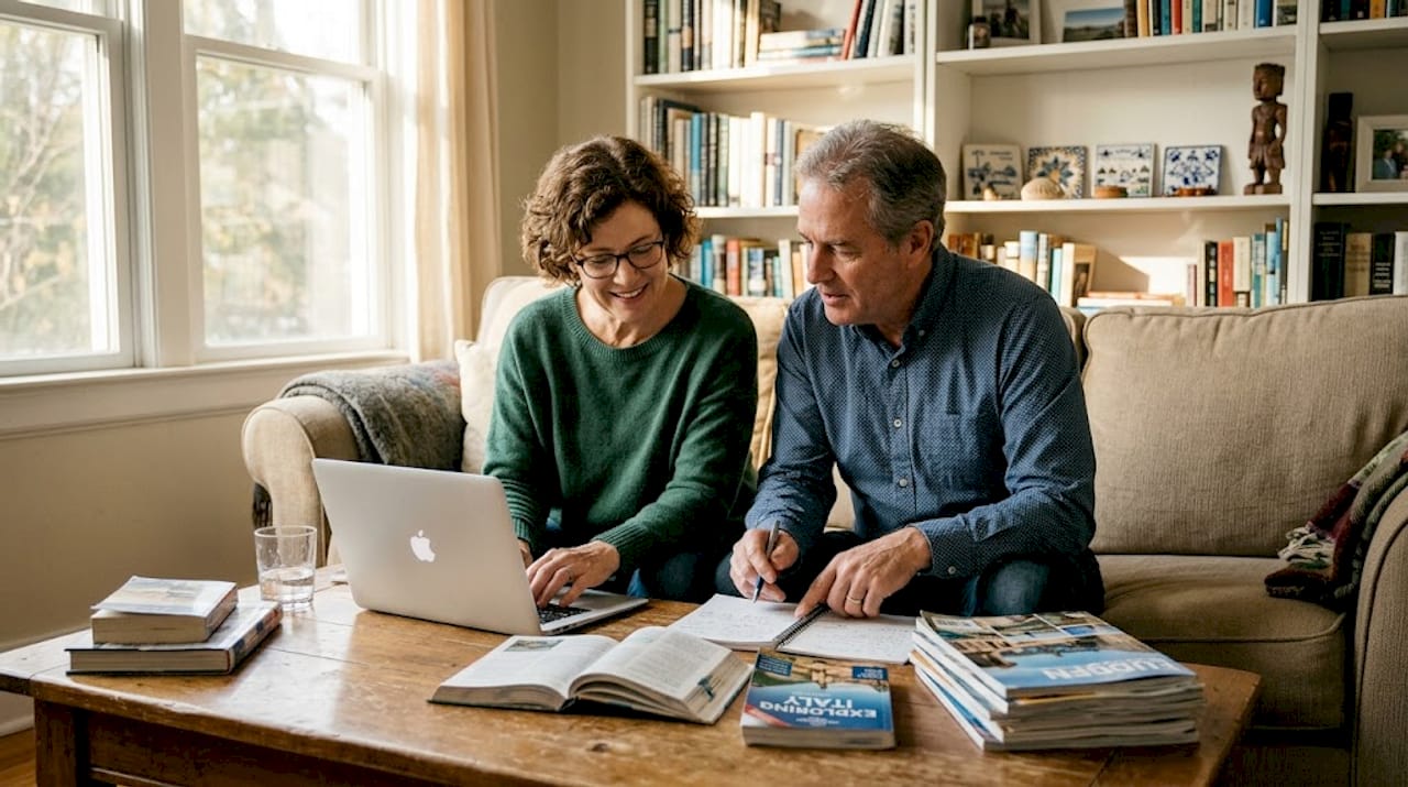 Couple planning home exchange trip in living room