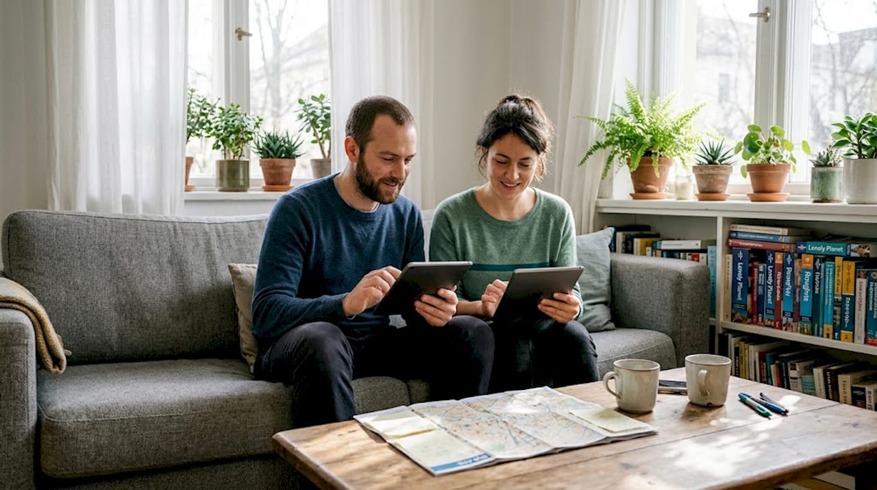 Couple exploring home exchange in sunny living room