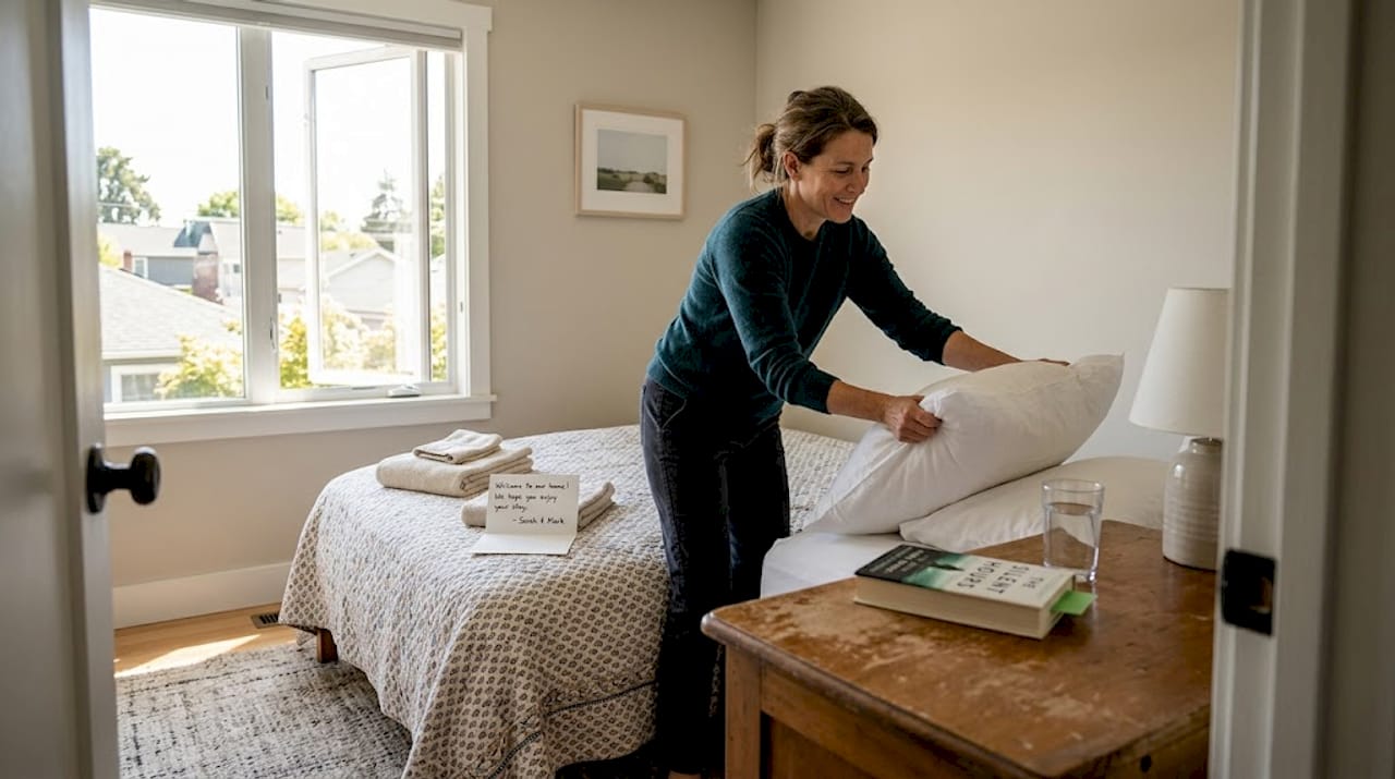Host preparing guest room for home swap