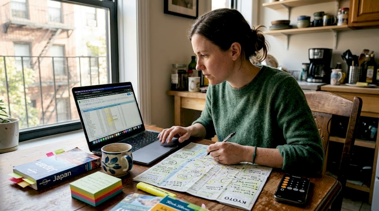 Woman planning travel budget at home table
