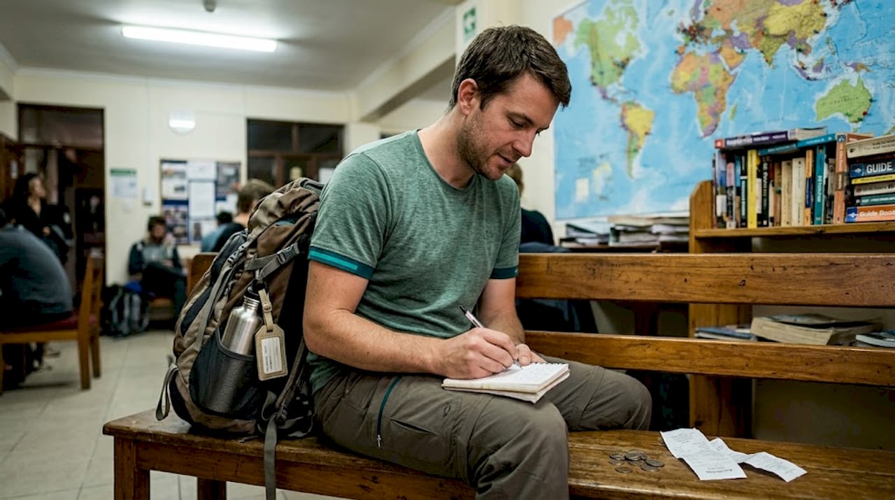 Backpacker recording travel expenses in common room