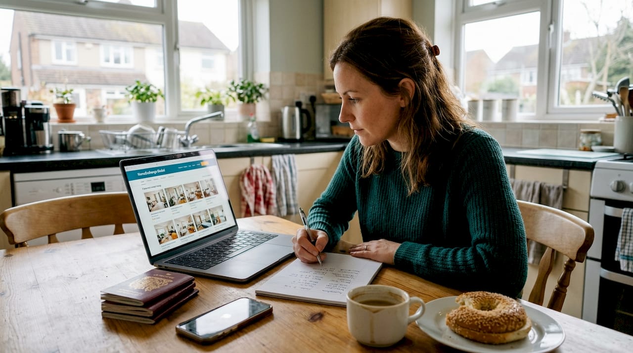 Woman planning travel for home exchange at kitchen table
