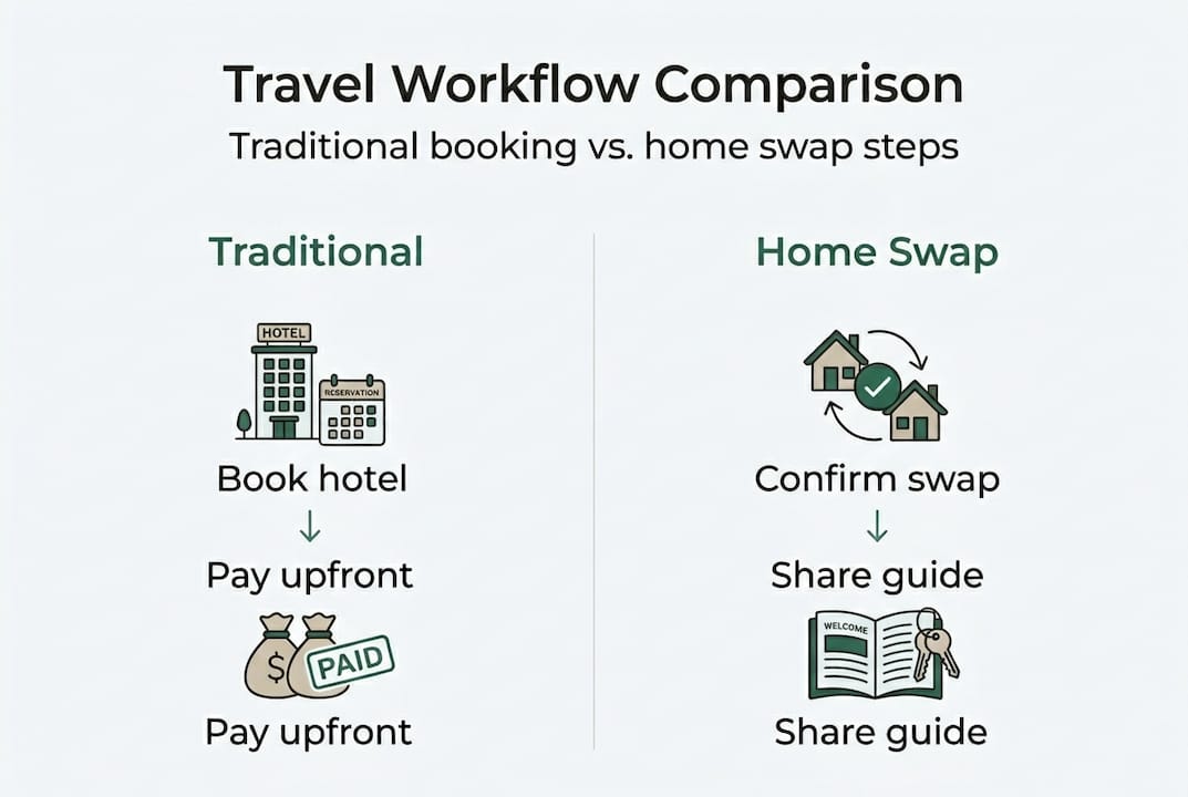 Infographic comparing traditional and home swap travel steps