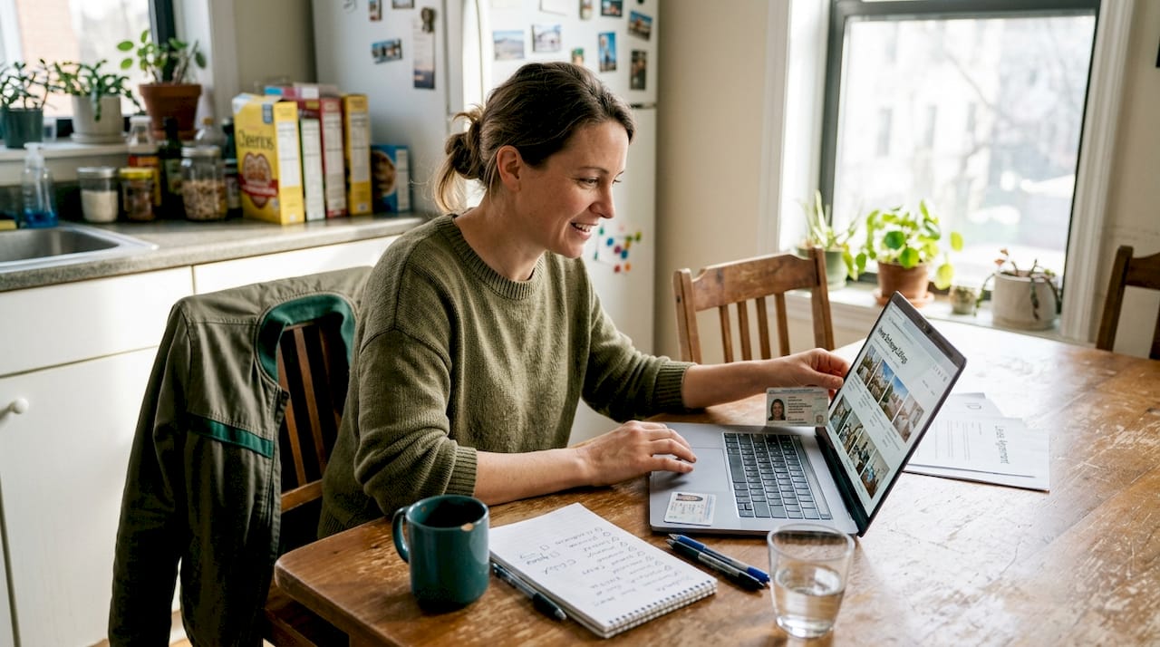 Woman reviews booking steps at kitchen table