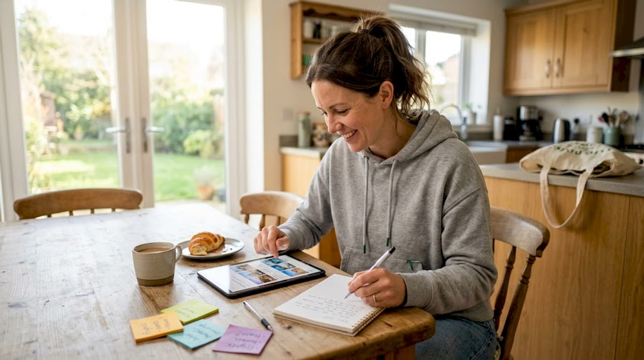 Homeowner planning trip at cozy kitchen table