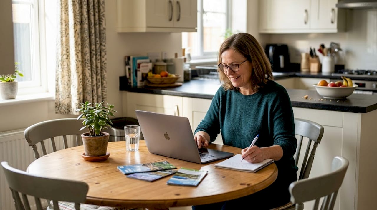 Woman planning points-based global travel at kitchen table