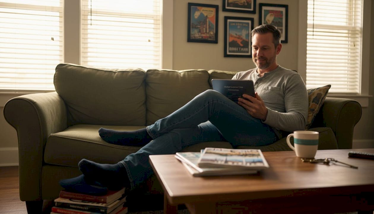 Man checking home exchange fees on tablet