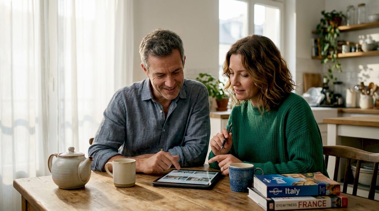 Couple exploring home swap on tablet together