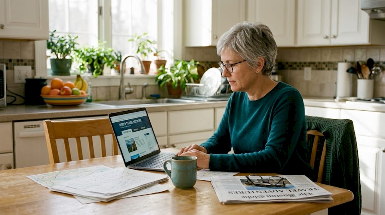 Woman reviewing home swap website in kitchen