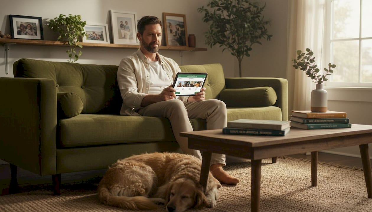 Man browsing points-based home swap site on couch