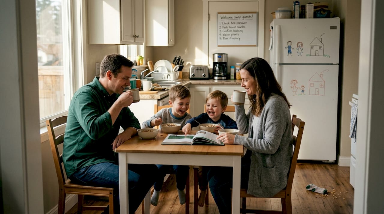 Family enjoying breakfast during home swap