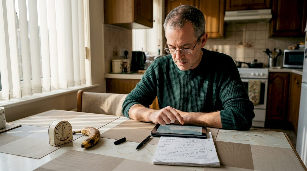 Man reading user reviews at kitchen table