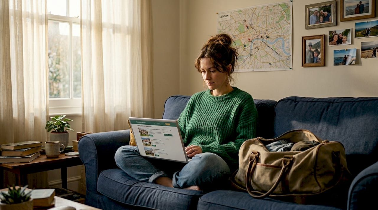 Woman searches home swap listings on laptop