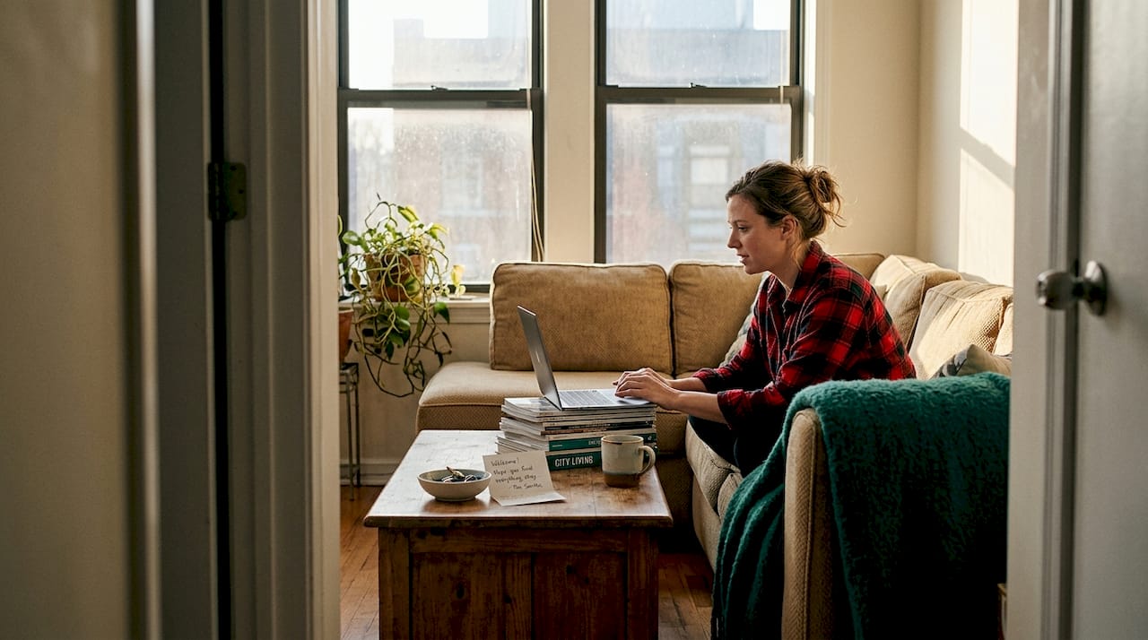 Woman video calling for home swap trust