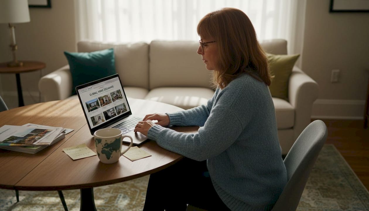 Woman researching home swapping online in apartment
