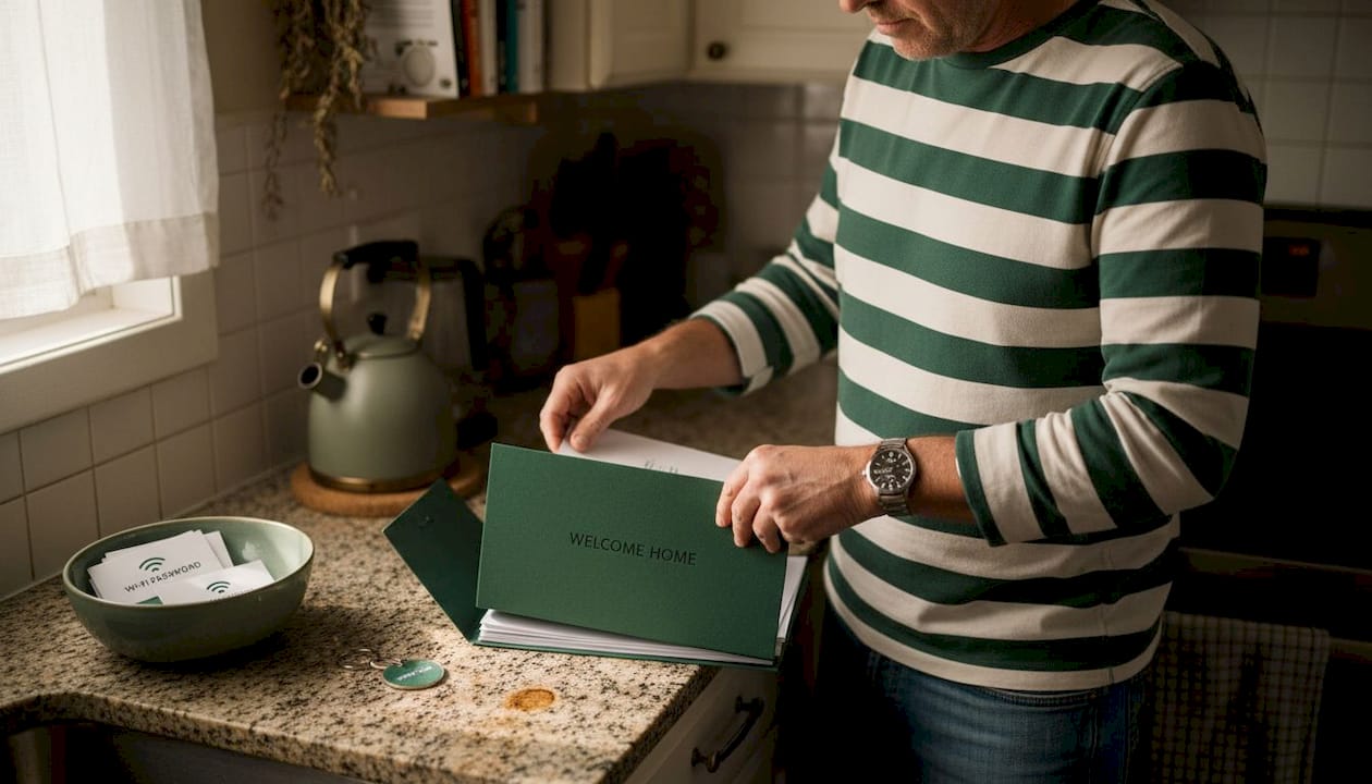 Host preparing welcome folder for home swap guest