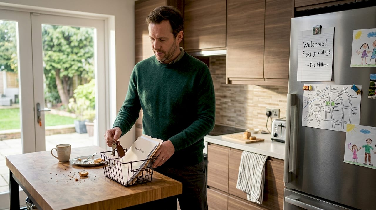 Man organizing essentials for home swap
