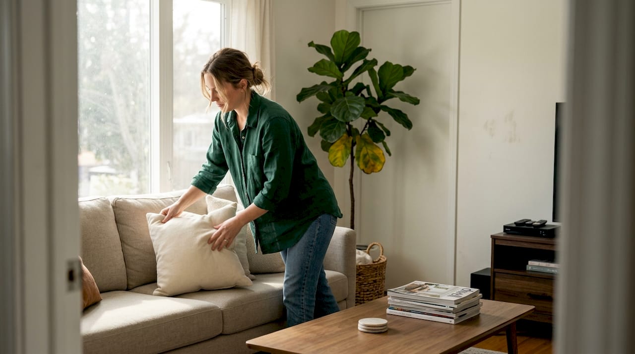 Homeowner preparing living room for listing photos