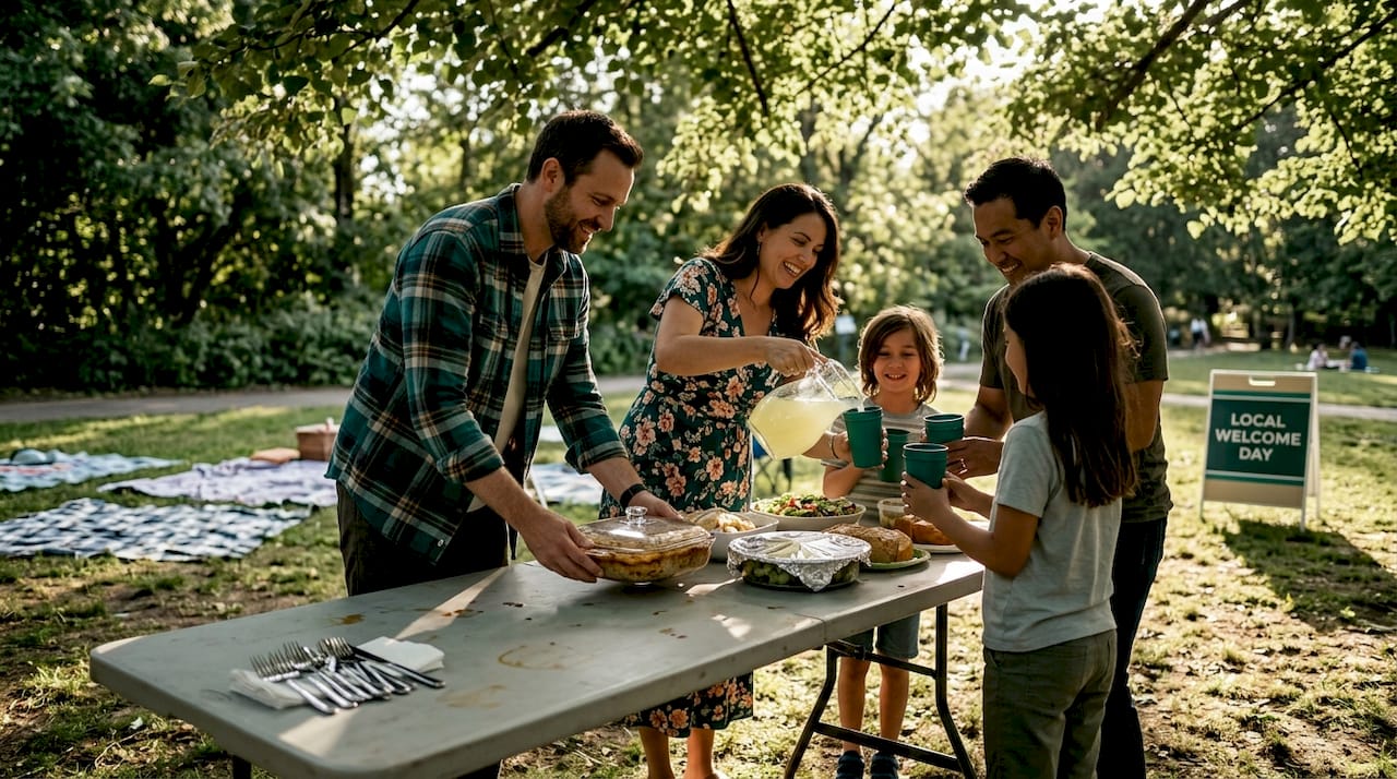 Neighbors sharing food at local community potluck