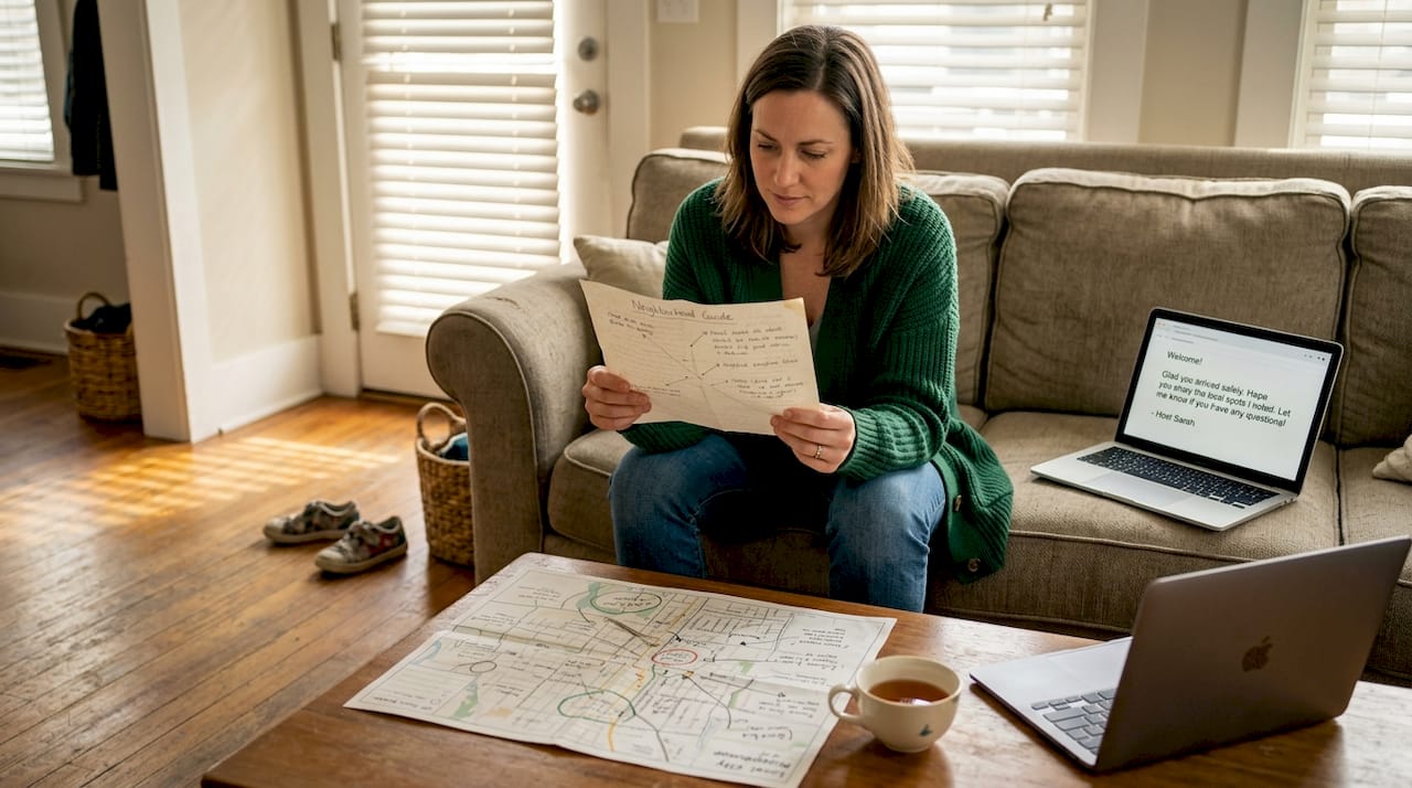 Guest reading neighborhood guide in home living room