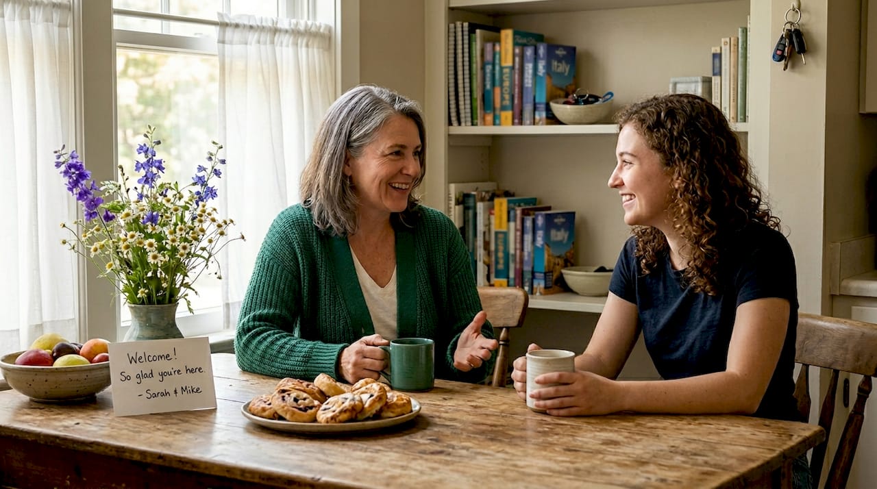 Host and guest chatting at kitchen table