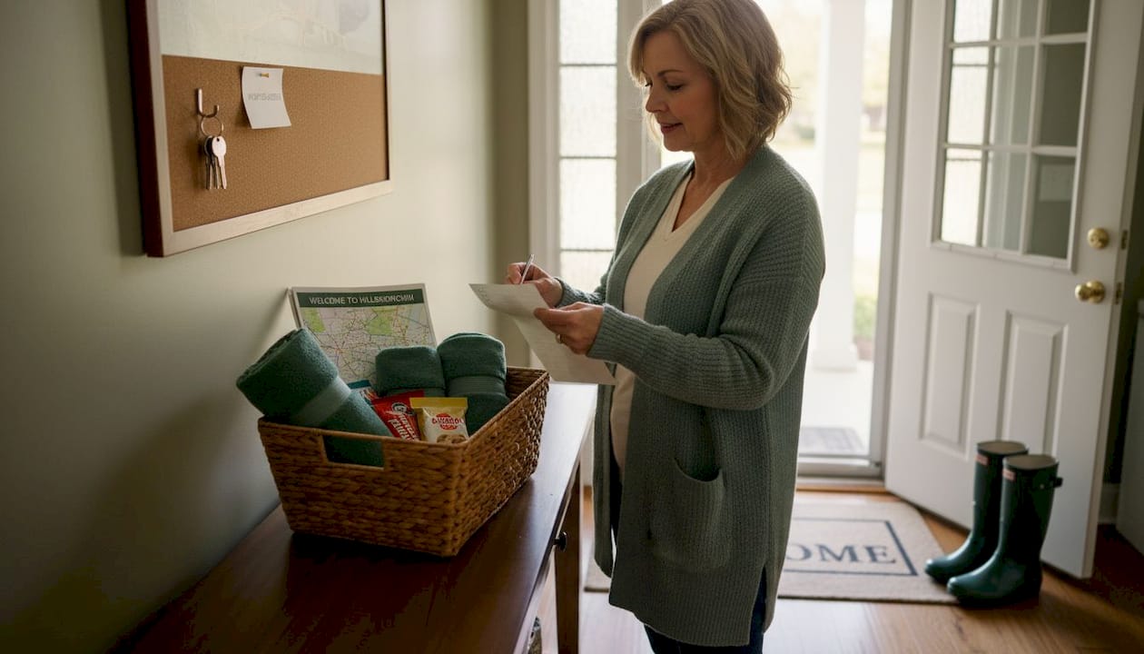 Host preparing welcome basket at entryway