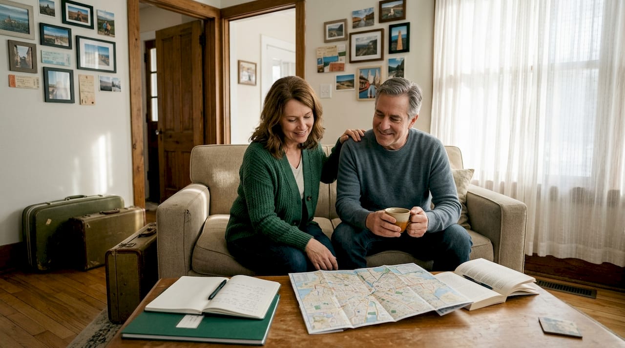 Couple discussing cultural exchange in cozy living room