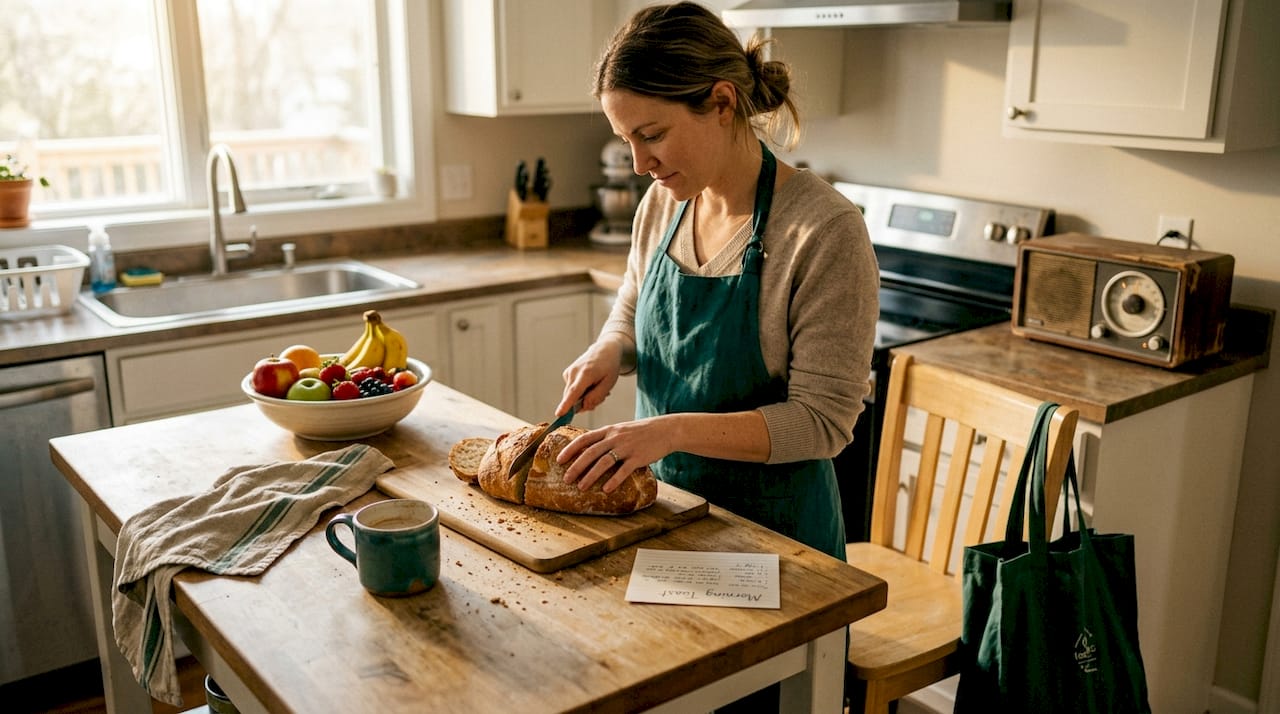 Woman making breakfast in home kitchen