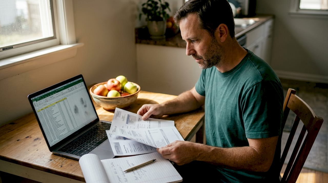 Man comparing travel reward documents