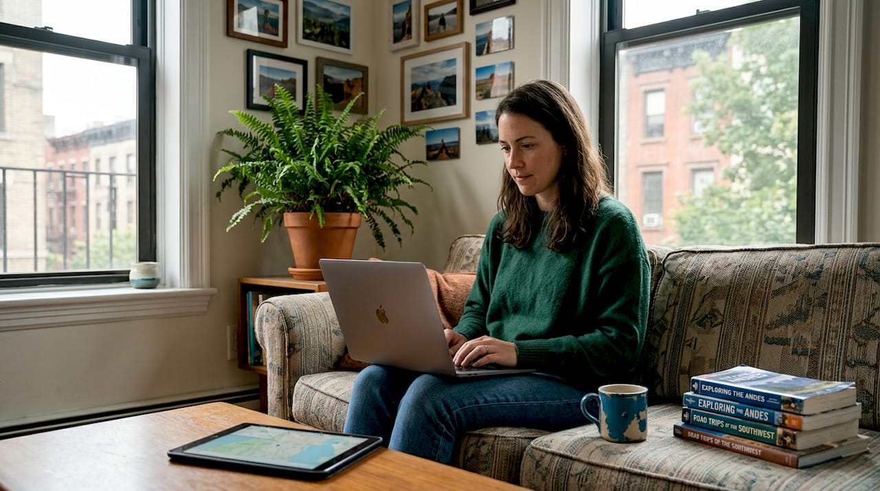 Woman arranging home exchange travel credits