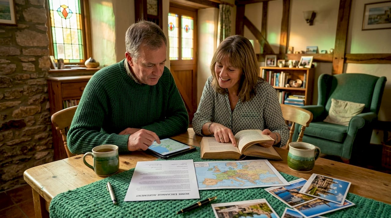 Couple reviewing home exchange documents