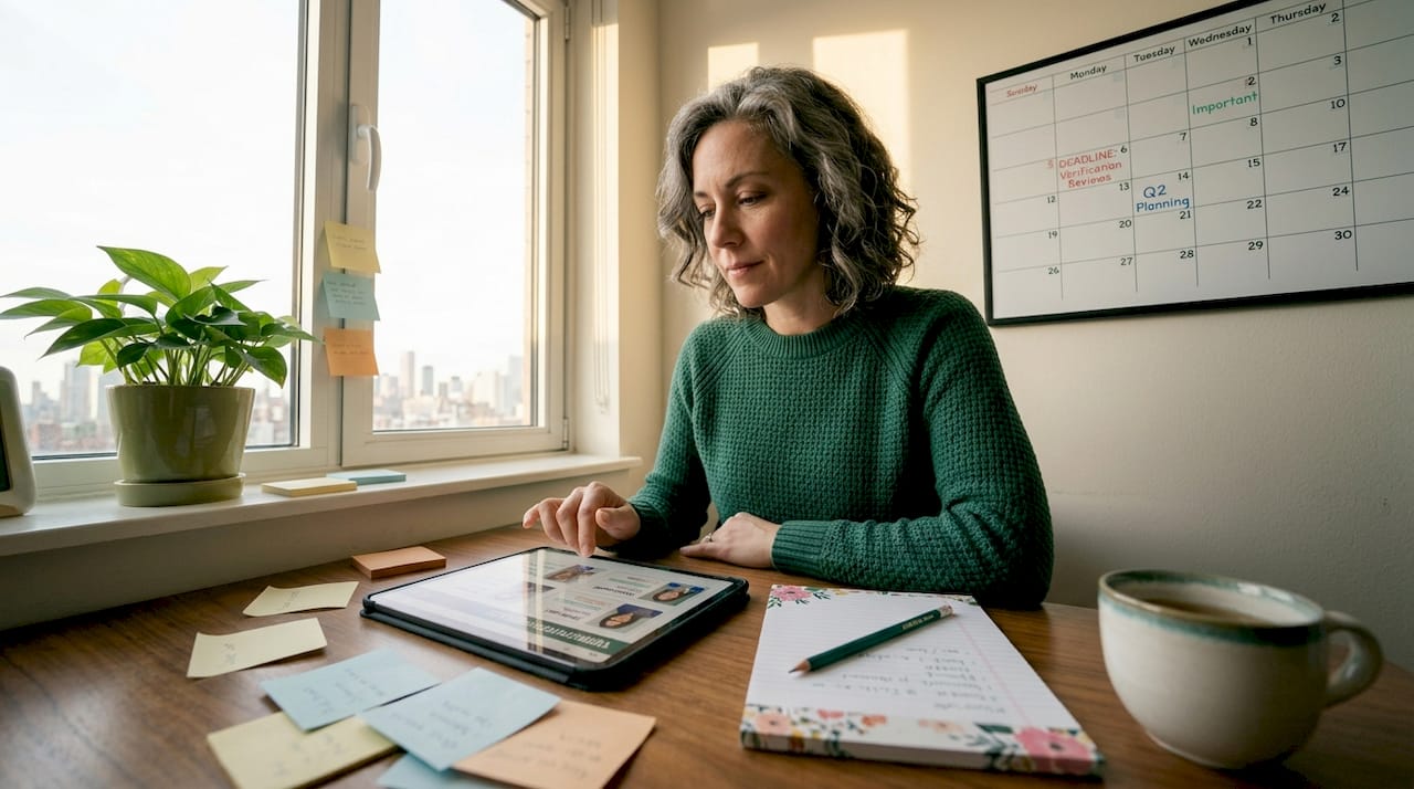 Woman reviewing exchange verification profiles