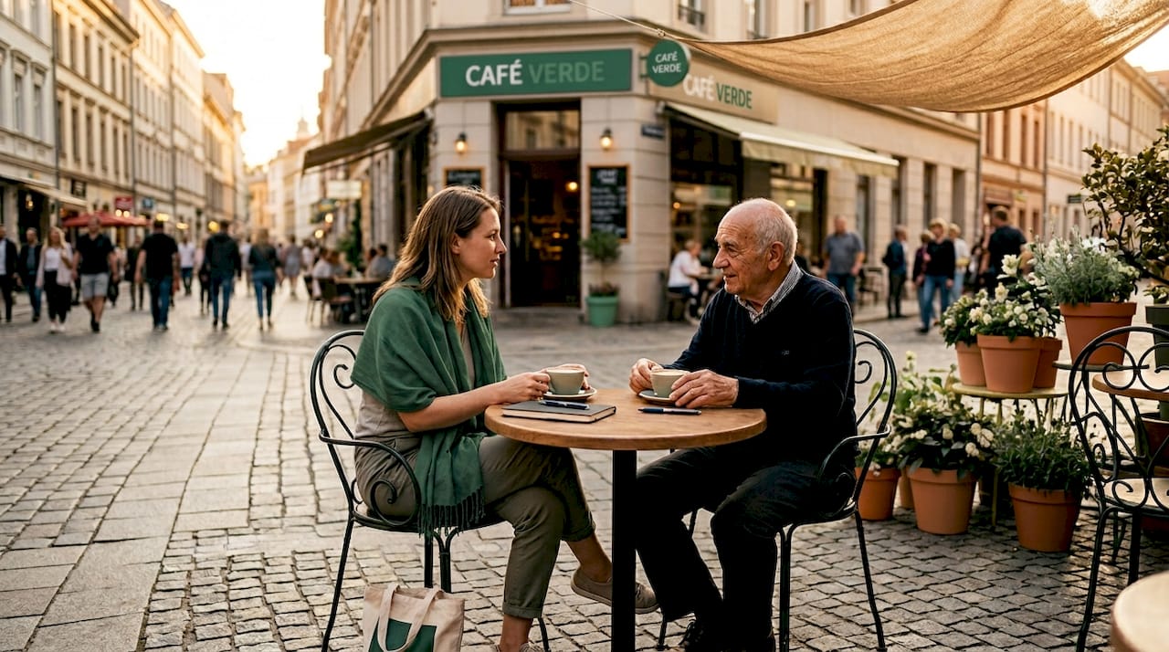 Traveler talking with local in busy café