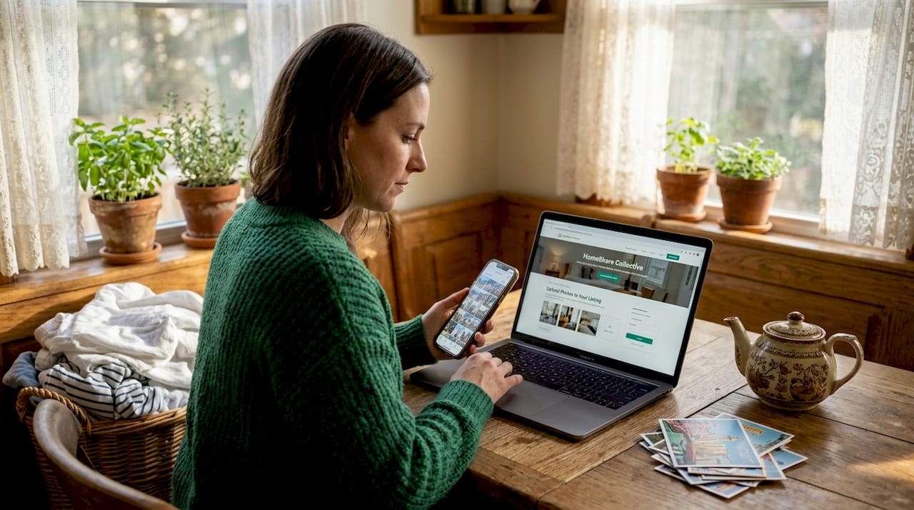 Woman updates home info for travel swap online