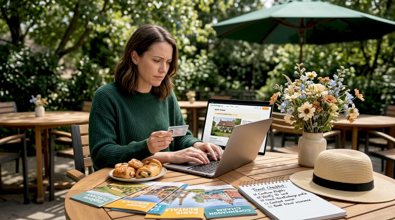 Traveller verifying details on kitchen table for home swap