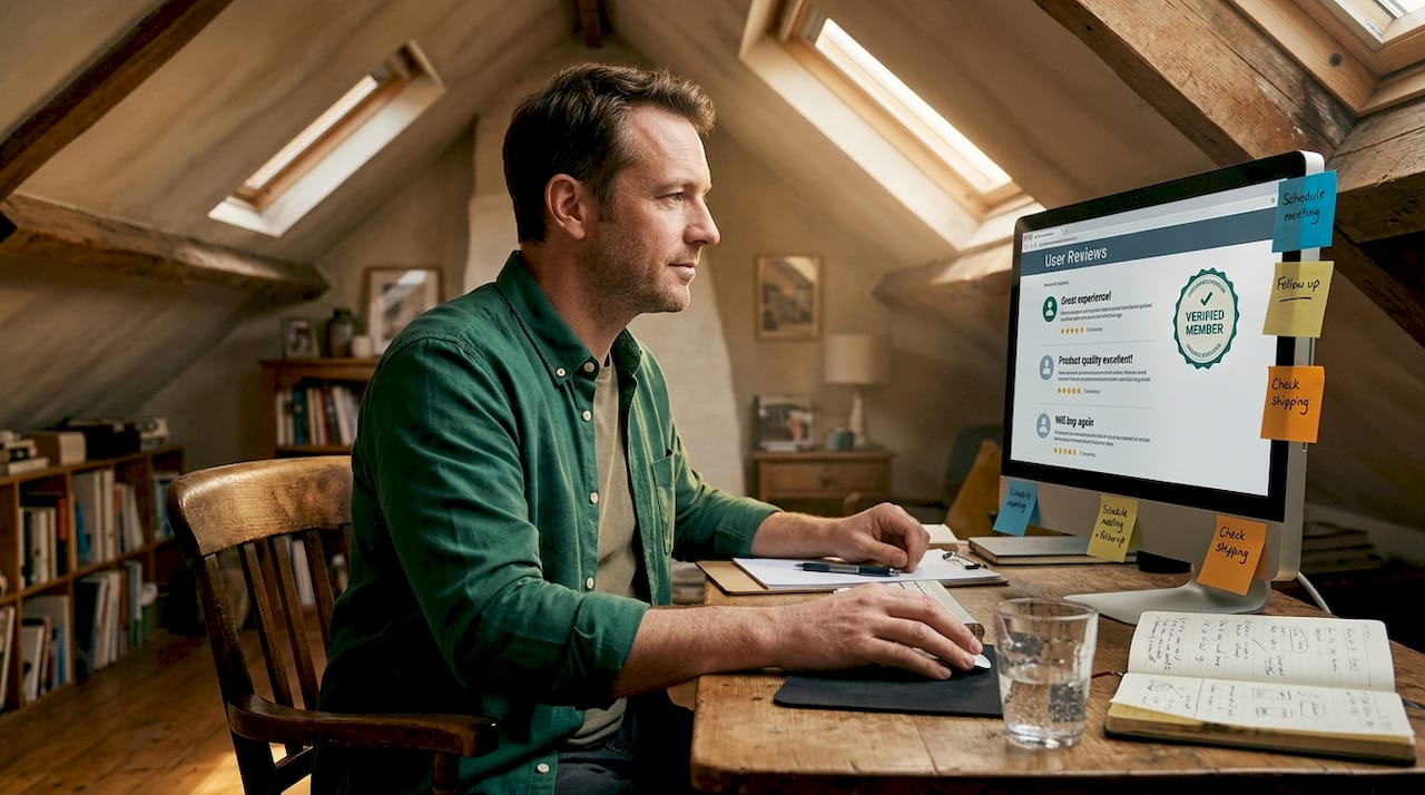 Home office scene reviewing member verification on computer